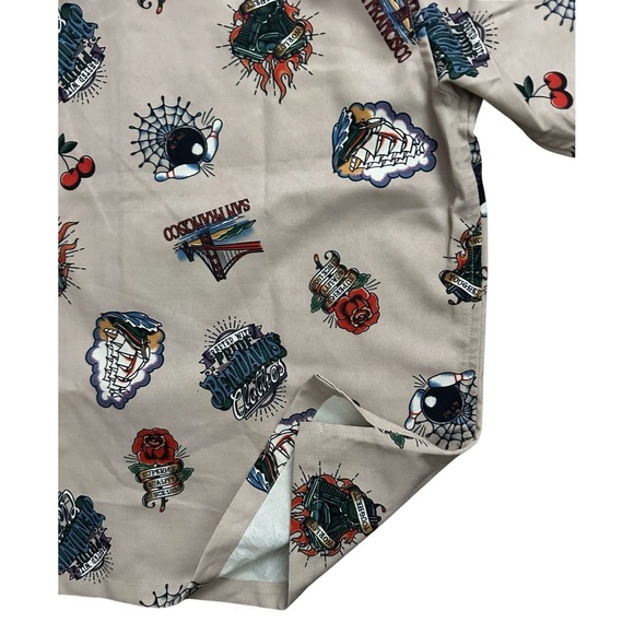 Rare Ben Davies Tattoo Print Inked Button San Francisco Beige Shirt Sz S Unisex - Picture 8 of 12